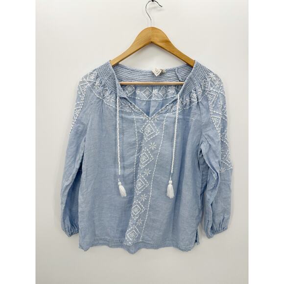 Joie Flowy Linen Embroidered Tassled Blouse Blue Costal Boho Women Size Small - Picture 1 of 7